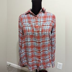 light red and blue plaid button down,boyfriend fit, S